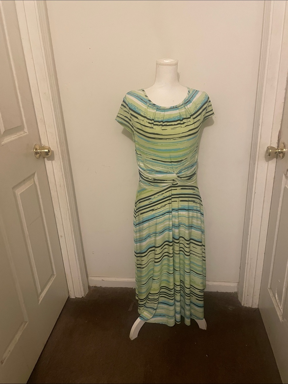 Julian Taylor Green & Blue Striped Midi Dress with Twist Waist